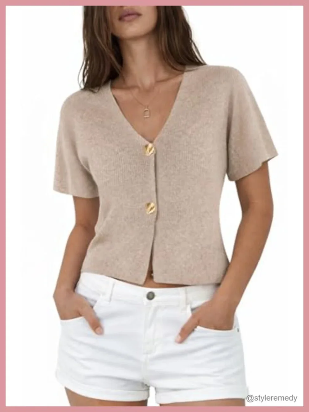 Cropped Knit Cardigan Top Short Sleeve V-Neck Button Front Lightweight Spring